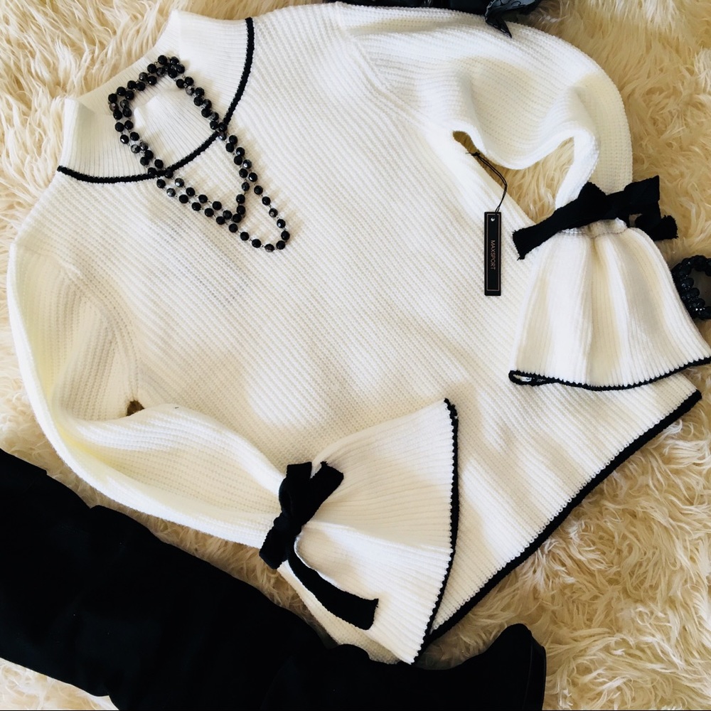 MaxSport ❦ Ivory & Black Bell Sleeve Bow Sweater